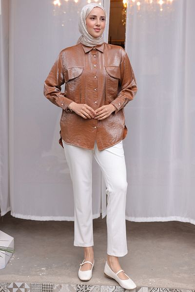 benguen Women's Large Pocket Detailed Shirt 2081 Tan