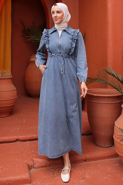 benguen 6808 Jeanskleid mit Rüschendetail Blau