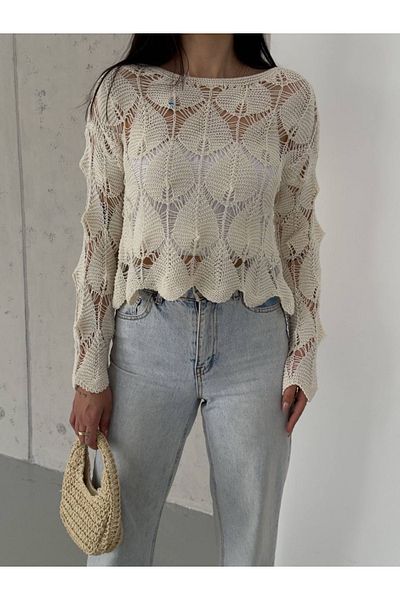 gozdefashion Women's Leaf Pattern Detailed Openwork Sweater