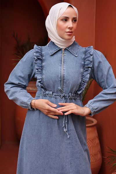 benguen 6808 Jeanskleid mit Rüschendetail Blau
