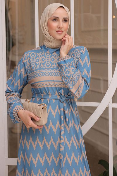 benguen Μπλε φόρεμα Hijab 12016 με σχέδια
