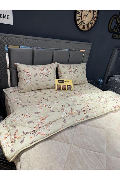 tekstildiyarı Beige Ethnic Welsoft Puffy Double and Reversible Quilt Set
