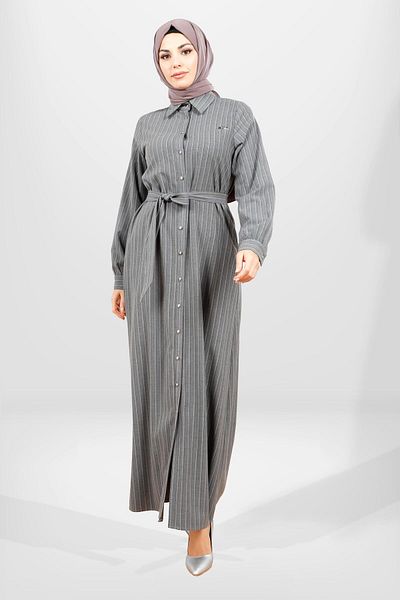 Beyza Γκρι ριγέ χιτζάμπ χειμερινό κοστούμι - 5559
