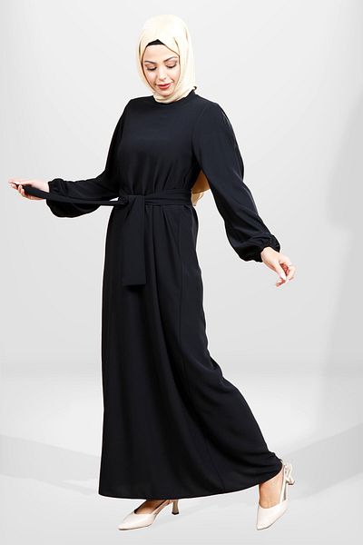 Beyza 5545 Μοντέλο - Μαύρο Χιτζάμπ Φόρεμα με Μανίκια