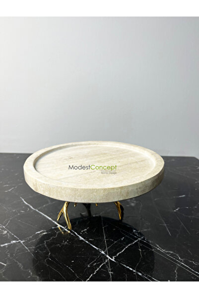 Modestmar Marble Travertine Round Tray - LIMETRA with Presentation Stand