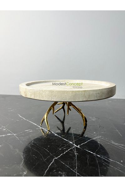 Modestmar Marble Travertine Round Tray - LIMETRA with Presentation Stand