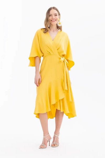 SEÇİL Women's Double-breasted Collar Belted Bat Sleeve Dress - Yellow