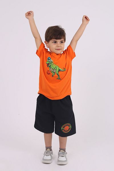 YAĞTU COLLECTİON Raised Basketball player dinosaur printed pocket cotton boys summer bottom top suit