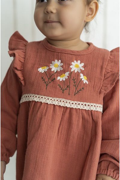 Kirazkids Rosie Long Sleeve Muslin Dress - Brick