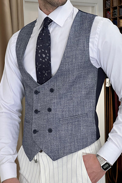 NAZEF Blue Double Breasted Wool Vest - Slim Fit and Self Pattern