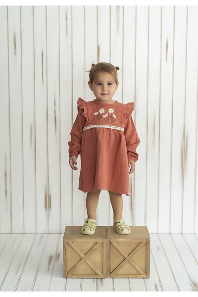 Kirazkids Rosie Long Sleeve Muslin Dress - Brick