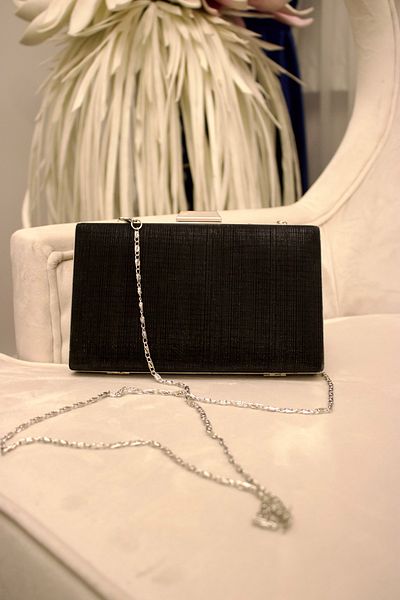mossi Black Striped Women's Chain Evening Dress Bag Clutch Portfolio Bag