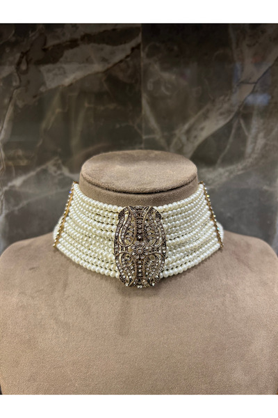 Zeynep Özkan Tasarım Choker Cam İnci Elmas Montürlü Zirkon Taşlı Antik Bronz ...