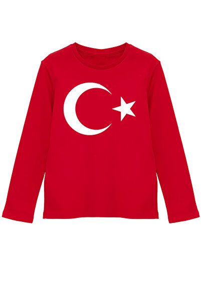 Çapıt %100Pamuk Standart Kesim Sıfır Yaka Uzun Kollu Beyaz Ay-Yıldız Baskılı Kırmızı 23 Nisan Çocuk Tişört