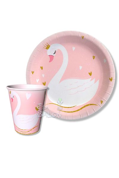 turkuaz parti 8-Piece Swan Concept - Cardboard Plate and Glass Set