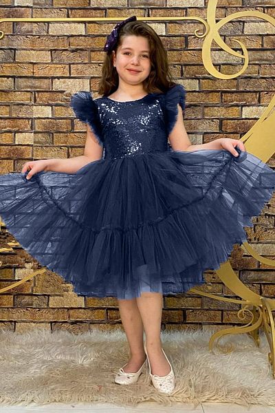 ABİYEKİDS Navy Blue Sequin Bow Children's Evening Dress - ABY4506