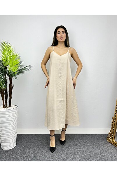 deqfashion Kadın Bej Askılı Modal Kumaş Salaş Midi Boy Elbise