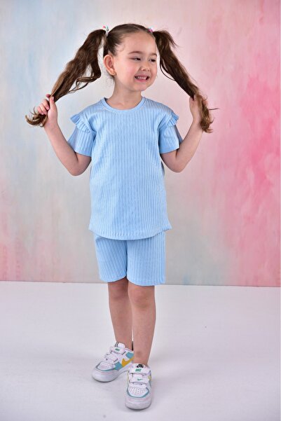 TUGSE Letnje šortsevi za devojčice sa volanima Rebrasto Set plave boje