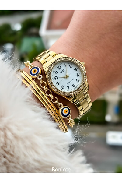 Q&Q Small Case with Yellow Jewelled Steel Cord - Women's Wristwatch and Bracelet, Mother's Day Gift