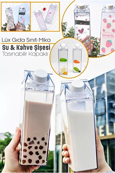 Askımo Lüx Mika Süt Kutusu Tasarımlı Su Kahve Içecek Şişesi Şeffaf Gıda Sınıf...