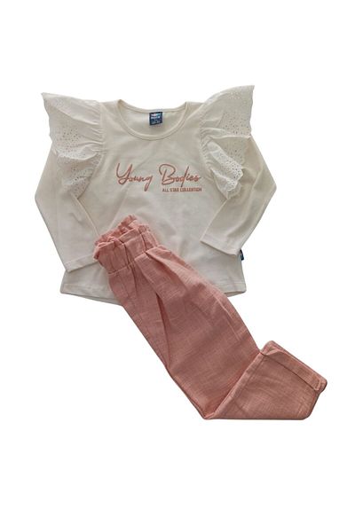 nazar baby Shoulder Lace Linen Pants Set for Girl - Printed Top and Short Sleeve