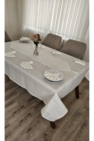 ZESA HOME مفرش طاولة بتفاصيل خط كولبر كريمي 8 أشخاص 18 قطعة طاولة 160X180 160...