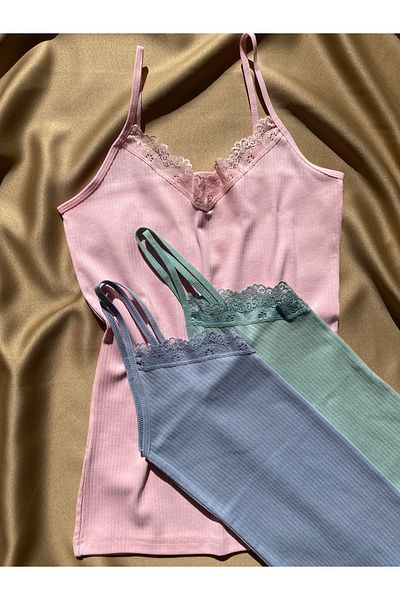 MODALİNOSA 3-Piece V-Neck Lace Blouse - Rope Strap, Cotton Corded Undershirt ( Green-Pink-Blue )