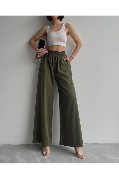 NARKISS Khaki Linen Trousers - High Waist and Wide Leg