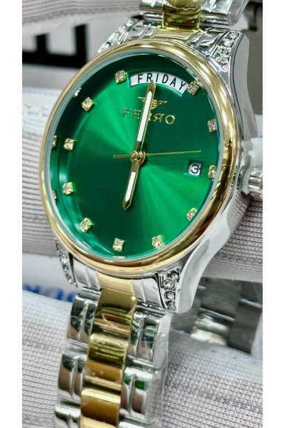 FERRO Brand New Retro Women's Watch with Yellow-Silver Day and Month Display, Original, 2-Year Warranty