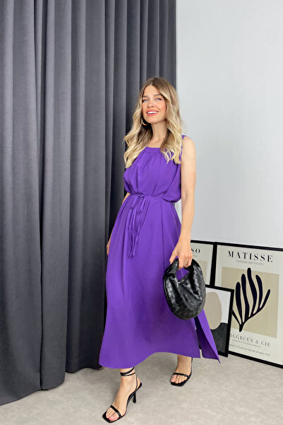 Sue Store Mor Bisiklet Yaka Sıfır Kol Yırtmaçlı Elbise