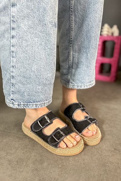 SHOEBELLAS Papuci de damă Luster Black Suede Cataramă dublă