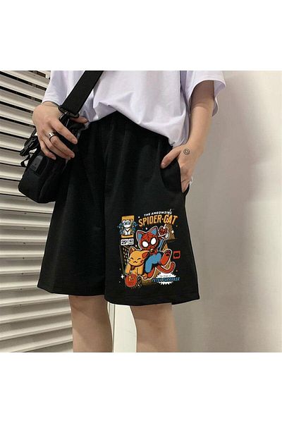 Hunors Sportswear & Company Μαύρο Unisex χτενισμένο βαμβακερό σορτς - Spider-Cat Printed