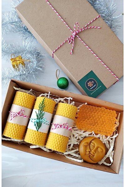 Petekoğlu Doğal Petek Balmumu Mum 3 Adet 4.5 Cmx10cm Ay Ve Güneş Mum Gerçek Ballı Sabun Hediyelik Set