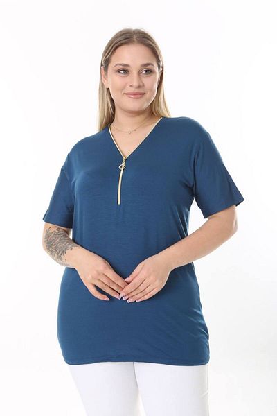 garajmood Petrol Blue Collar Zipper Detailed Plus Size Blouse