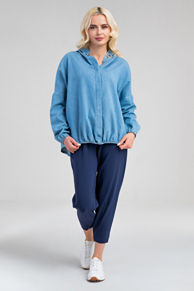 Bold & Young Жіноча світло-синя сорочка з капюшоном, рукавами з еластичними манжетами та принтом у вигляді пташиних очей