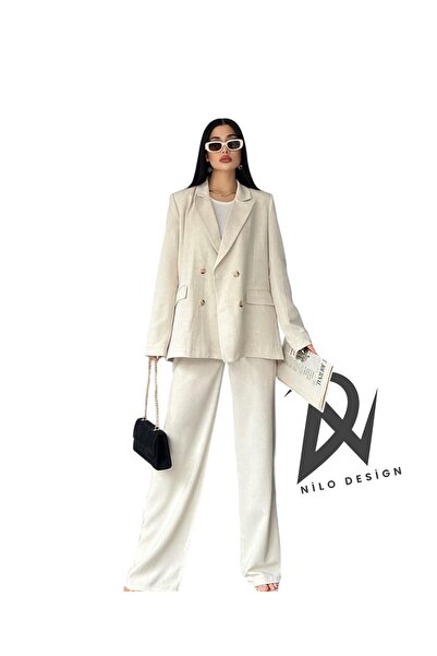 NILOO النساء: أربعة أزرار قماش الكتان تصميم مخصص سترة بنطلون مجموعة، موسم الصيف