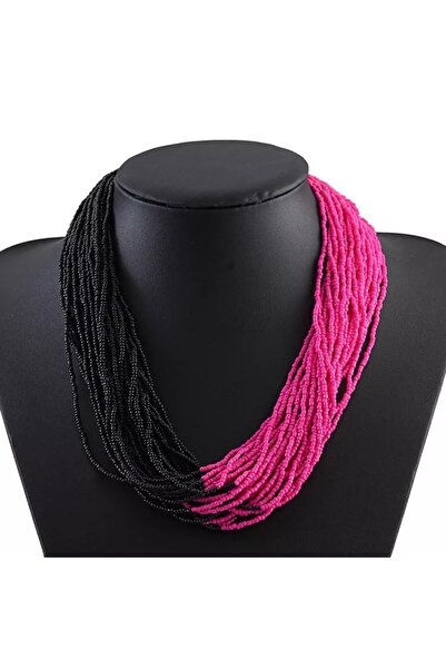 İPAR AKSESUAR PEMBE SİYAH KÜM BONCUKLU ÇOKLU KOLYE