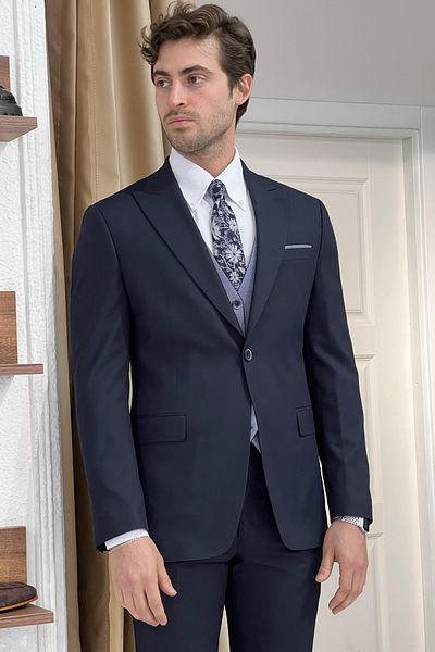 NAZEF Slim Fit Suit with Patterned Wool Vest - Double Sided Vest