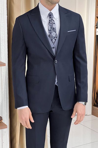 NAZEF Slim Fit Suit with Patterned Wool Vest - Double Sided Vest