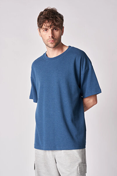 defys Tricou de bază pentru bărbați, cu mânecă scurtă, cu textura oversize, cu gât rotund, petrol