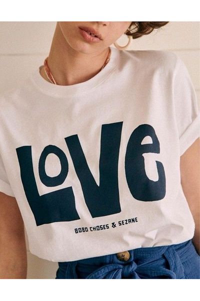AEMİ Tricou cu imprimeu Love pentru damă, 100% bumbac de calitate Tricou alb supradimensionat