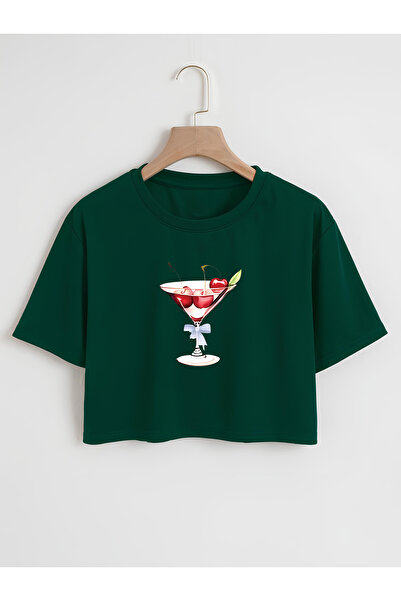 Ginevra تي شيرت نسائي قصير برقبة دائرية وطبعة كوكتيل الكرز