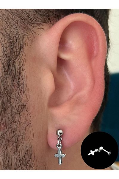Piercing Market Steel & Silver أقراط متدلية على شكل صليب من الفولاذ للجنسين لا تشوه الصدأ