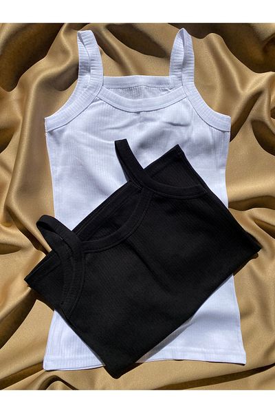 MODALİNOSA White and Black Women's Basic Undershirt - Cotton, Ribbed, Oval Collar, Strap Set of 2