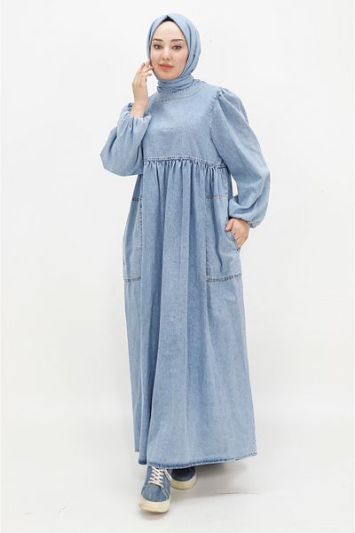 BYCOOLEST BUTİK Balloon Sleeve Pocket Hijab Denim Dress