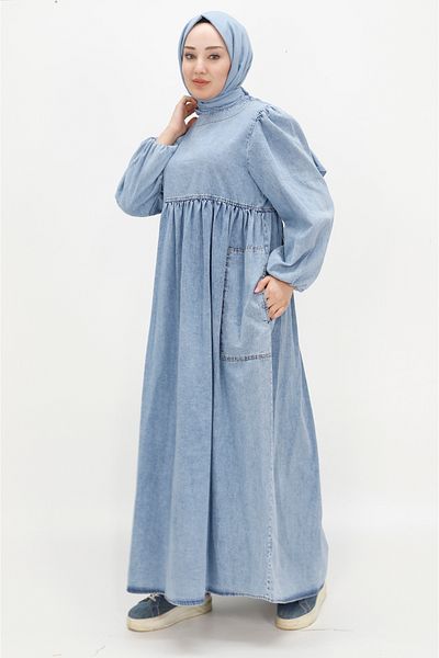BYCOOLEST BUTİK Balloon Sleeve Pocket Hijab Denim Dress