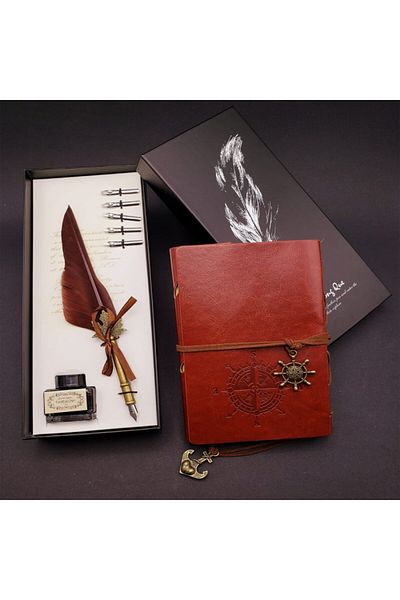 taşarzade Compass Designed Leather Cover Retro Notebook and Ink Feather Pen Dip Inkwell Set Special Vip Production
