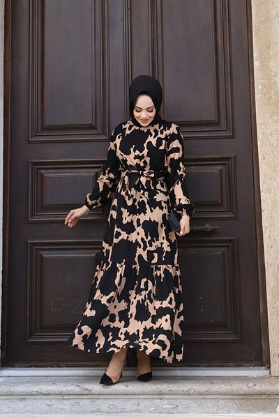GÖKÇE CLOTHİNG Women's Patterned Belted Viscose Long Dress