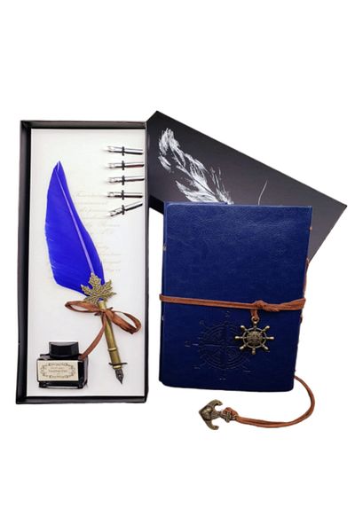taşarzade Compass Designed Leather Cover Retro Notebook and Ink Feather Pen Dip Inkwell Set Special Vip Production