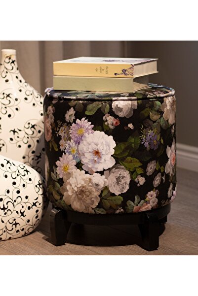 Orlenda Siyah Çiçek Ahşap Ayaklı Puf - Ceviz Mobilya Ayaklı Puf